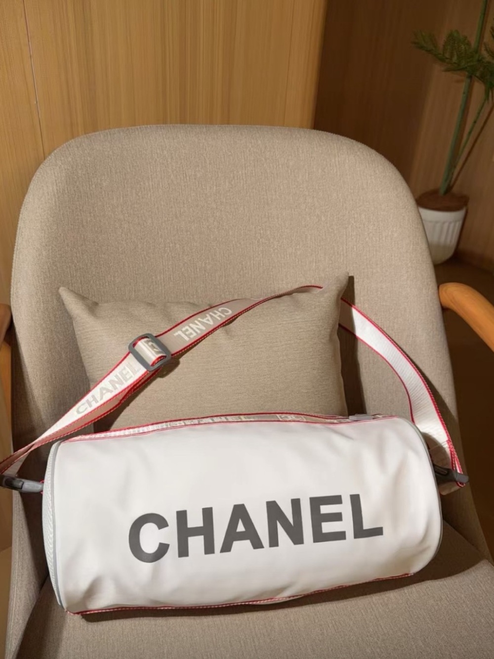 Double C Vintage Style White Duffel Bag with Red-Trim Logo Strap